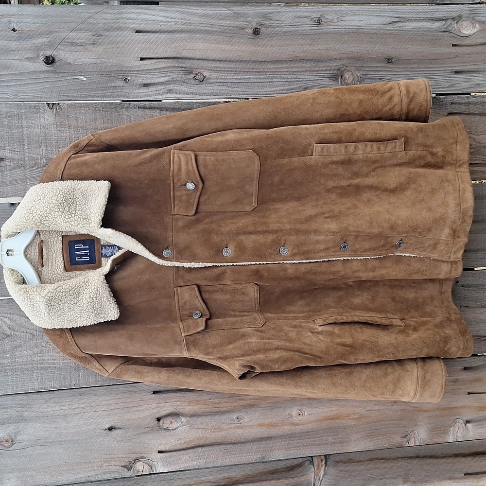 Gap sherpa Lined Genuine Leather Jacket Mens Suede Tan Brown Coat Sz XL